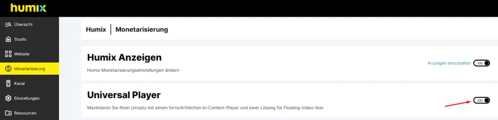 Universal Video Player über Humix aktivieren: (instream + outstream video)