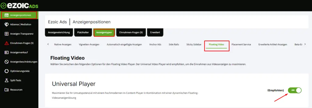 Universal Video Player über EzoicAds aktivieren: (instream + outstream video)